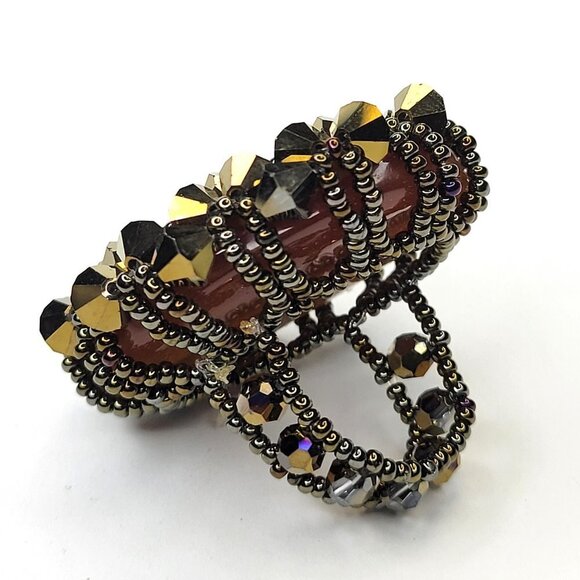 Sparkling Crystal Bicone Beads Cluster Ring Glitter Beaded Stretch Ring - Picture 6 of 10